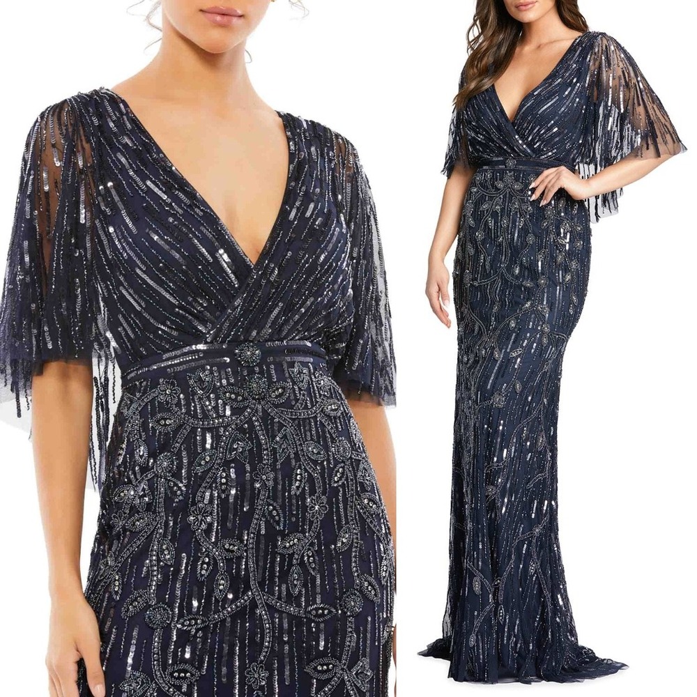 Mac‎ Duggal NEW Navy Embellished Cap Sleeve Faux Wrap Trumpet Gown $698 Size 12
